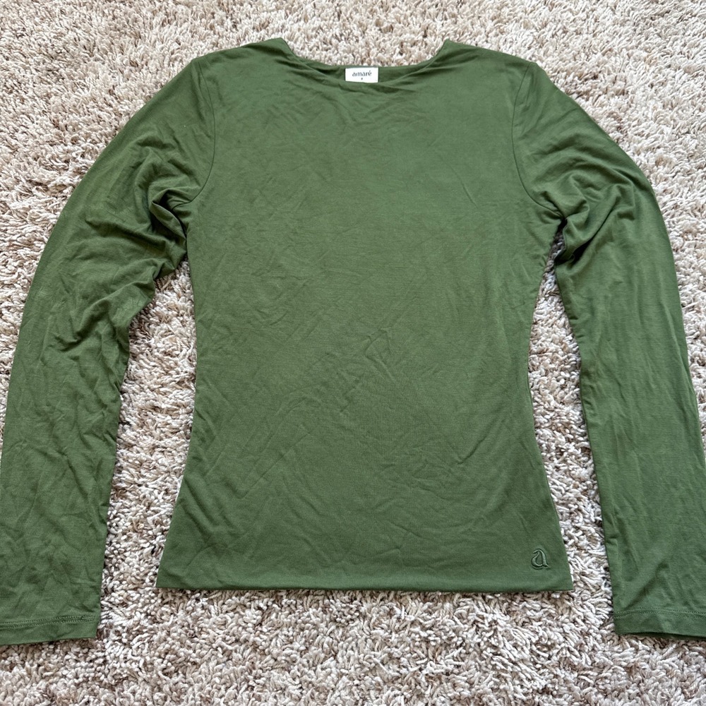 Amare Olive Green Bamboo Viscose Long Sleeve Boat Neck Top Small